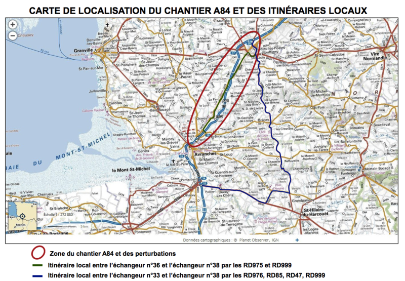 DIRNO A84 travaux mai 2017 déviation itinéraire plan Avranches Villedieu Gouvets