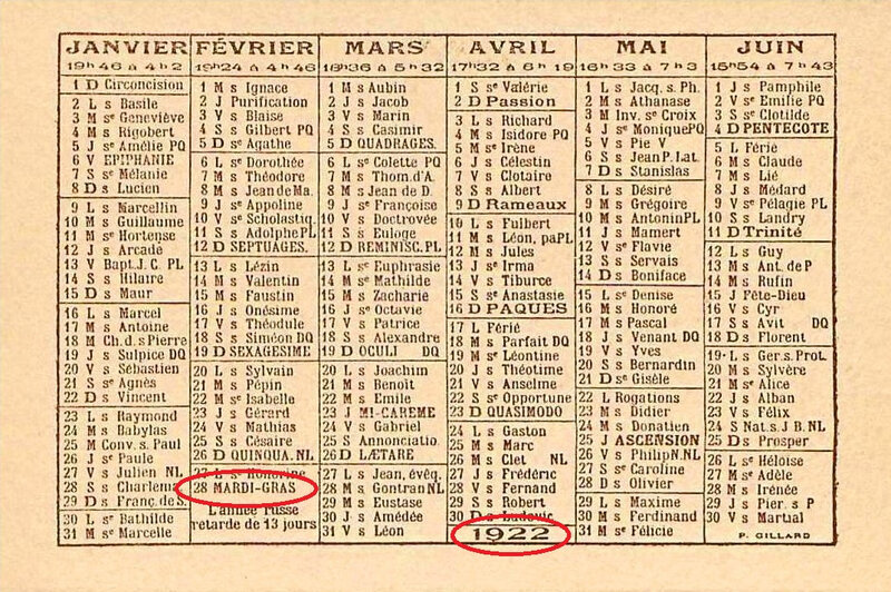 Calendrier 1922 BF R Mardi Gras
