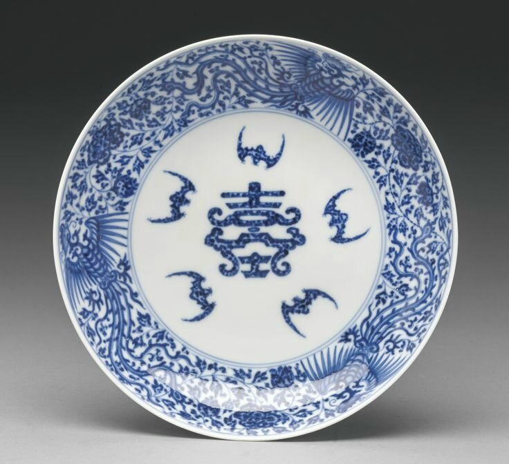A blue and white 'Shou' dish, Yongzheng mark and period