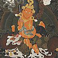An important and exceptionally fine painting of <b>Vaishravana</b>, Tibet, 18th century