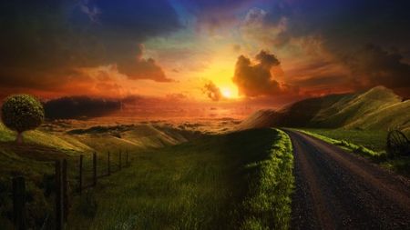 mysterious_road_beautiful_clouds_fields_grass_green_hills_nature_orange_skies_sun_sunrise_sunset_trees_550x309