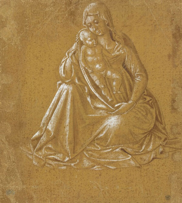 Benozzo Gozzoli, La Vierge et l’Enfant Jésus (verso) Pointe d’argent, pinceau, encre brune et gouache blanche sur papier préparé ocre vert