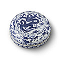 A rare blue <b>and</b> white circular 'dragon' <b>box</b> <b>and</b> <b>cover</b>, Mark <b>and</b> period of Wanli (1573-1620)