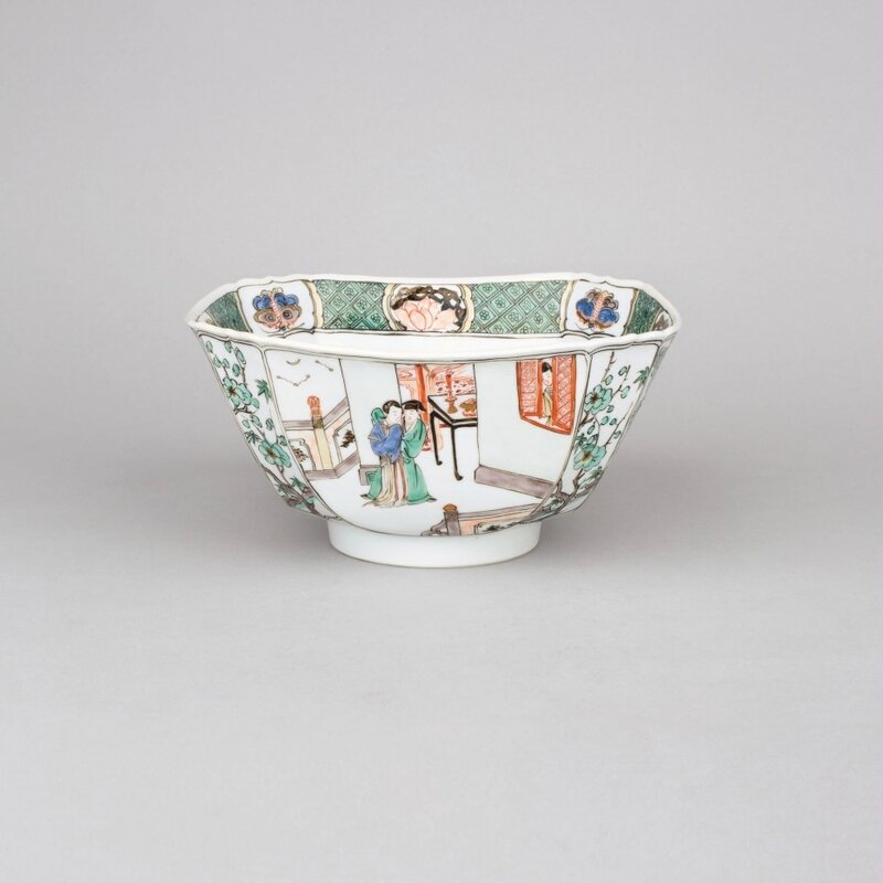 Chinese porcelain famille verte, wucai, square form bowl, Kangxi period, 1662-1722