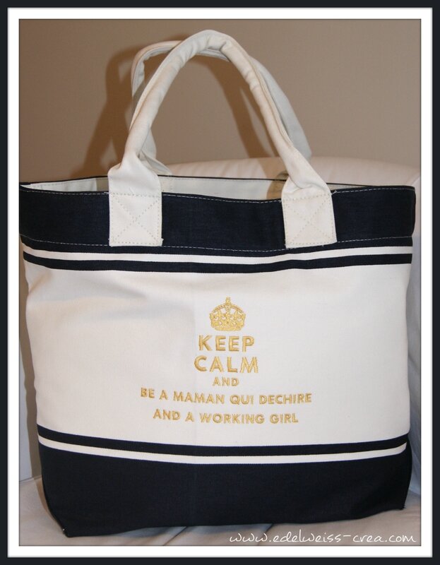 Sac de plage marine brodé - Keep Calm and be a maman qui defiche and working girl