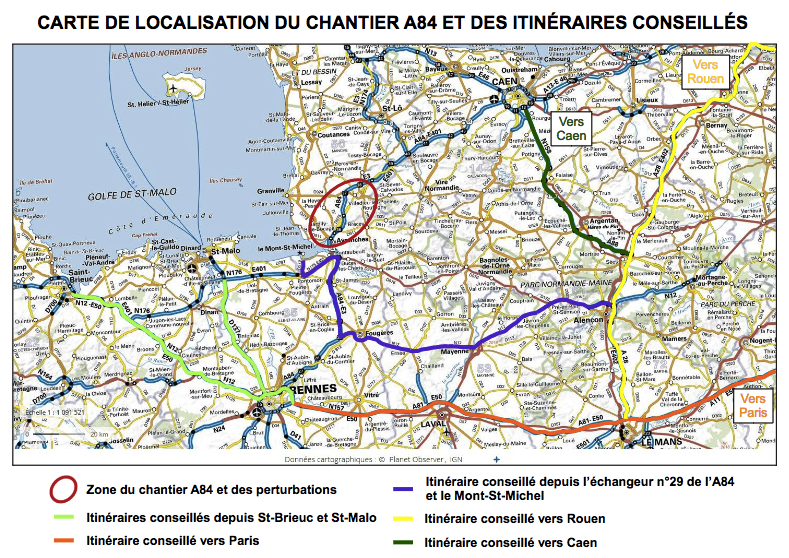 DIRNO A84 travaux mai 2017 déviation itinéraire Avranches Villedieu Gouvets