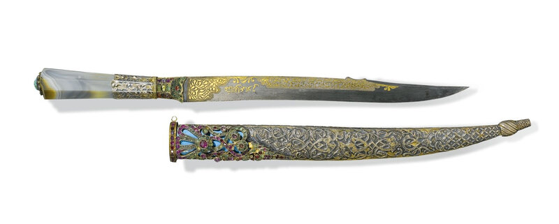 An Ottoman dagger with banded-agate hilt and jewelled silver scabbard, Turkey, 19th century