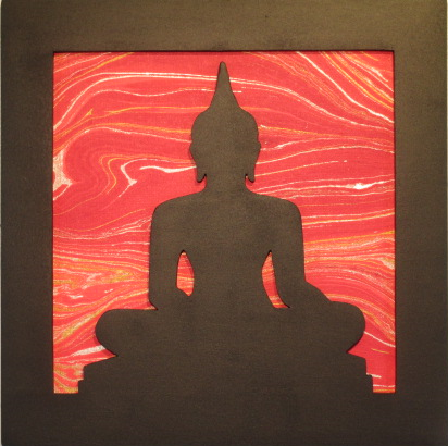 BOUDDHA, acrylique noir, papier marbré rouge