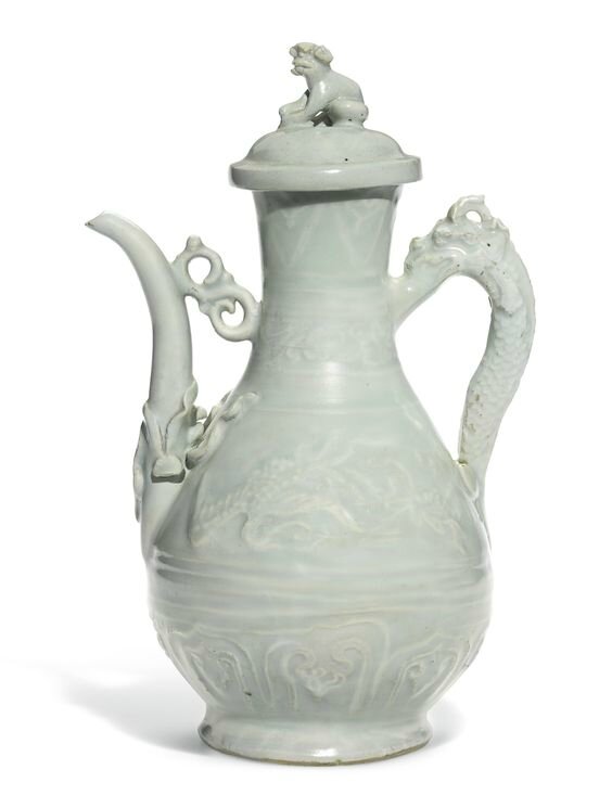 A rare Qingbai 'phoenix' ewer and cover, Yuan dynasty