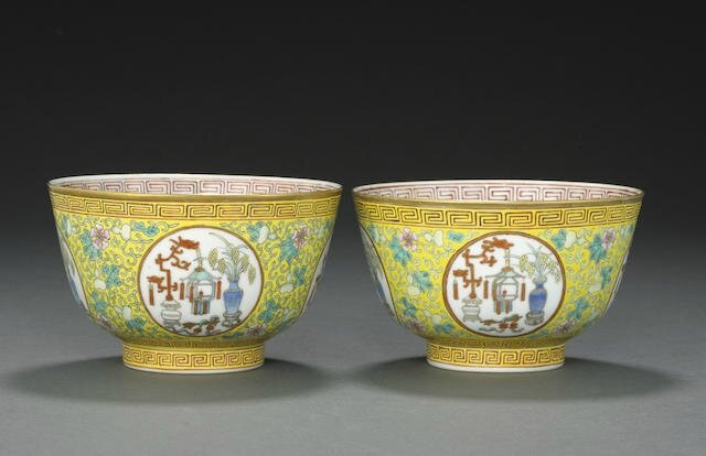 Two similar yellow ground famille rose medallion bowls, Guangxu six-character marks and of the period