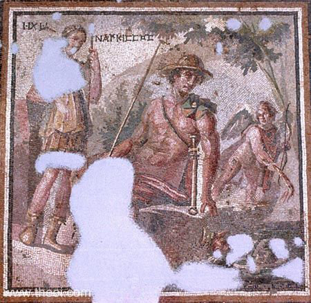 13G:Echo, Narcisse et Anteros, mosaïque gréco-romaine de Daphne C3rd AD, Hatay Archaeology Museum