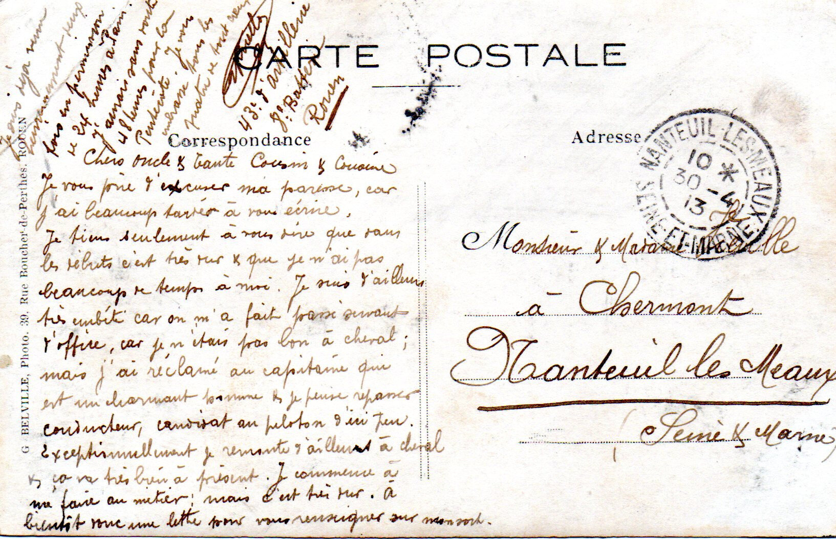 Rouen, caserne Jeanne d'Arc, 43e RAC, 8e batterie, 1913 corresp