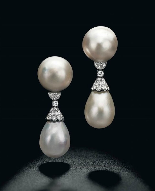 A pair of natural pearl and diamond ear pendants