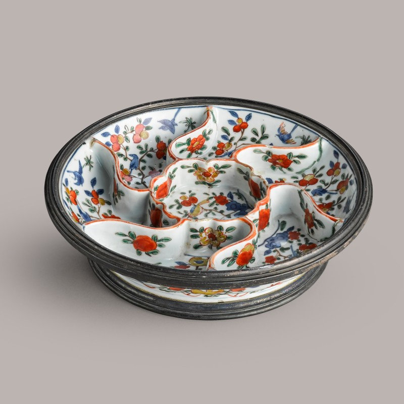 A metal-mounted wucai sweetmeat box The porcelain mark and period of Wanli, the European mounts later