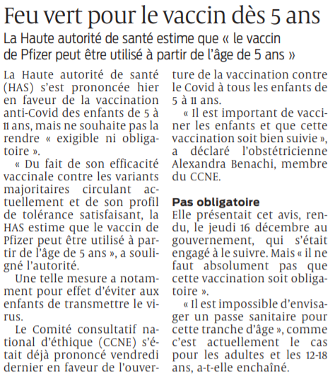 2021 12 21 SO Feu vert pour le vaccin dès 5 ans