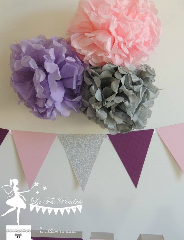 pompon decoration guirlande fanion bapteme mariage baby shower anniversaire mauve gris rose