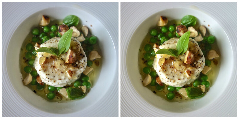chèvres frais, petits pois, noisettes