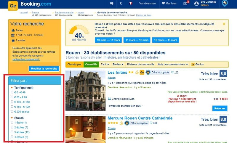 Exemple de filtre sur le site Booking