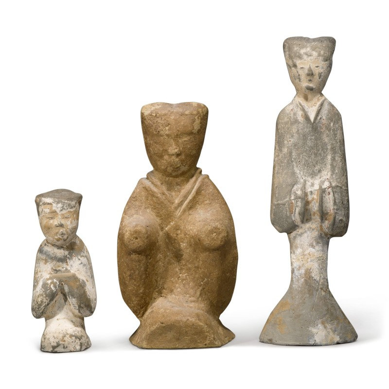 Three painted pottery figures, Han dynasty-Six dynasties