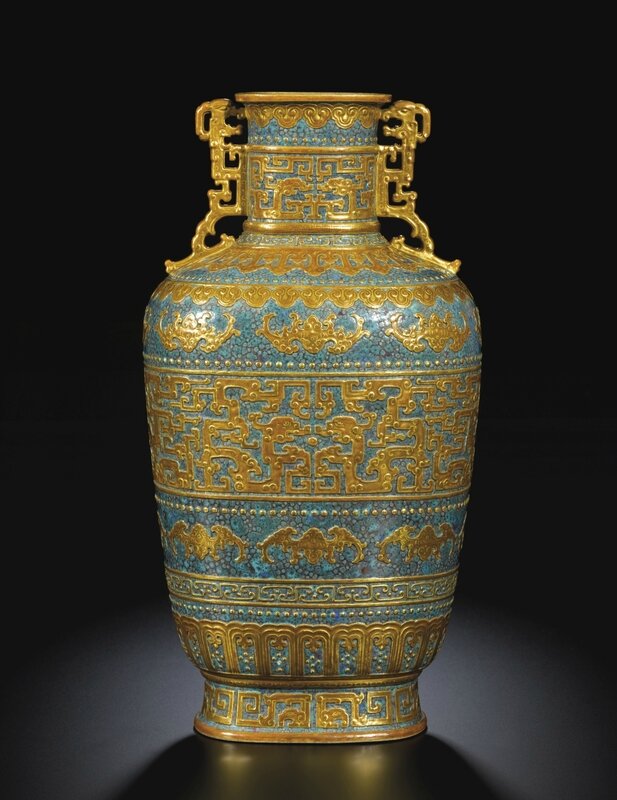 A fine and rare robbin's egg-ground gilt decorated archaistic bottle vase, Seal mark and period of Qianlong (1736-1795)