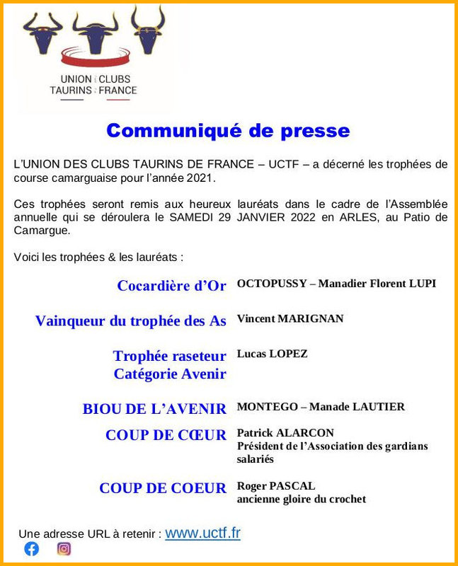 Communiqué de presse - Trophées Course camarguaise - 2021-11-26