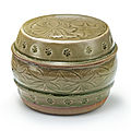 A superb and rare <b>Yaozhou</b> <b>celadon</b> 'peony' box and cover, Northern song – Jin dynasty (960-1234)