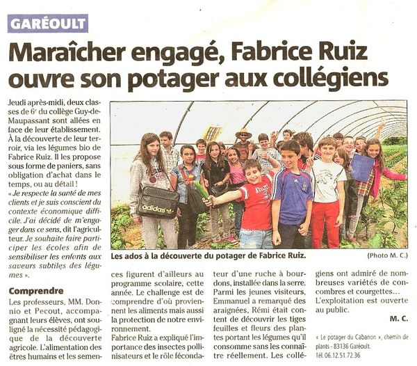 Fabrice RUIZ - le potager du Cbanon dans VAR MATIN - Légumes bio Garéoult Issole var paca