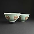 A pair of <b>celadon</b>-<b>ground</b> <b>and</b> <b>iron</b>-<b>red</b> ‘Phoenix’ medallion bowls, Daoguang seal marks <b>and</b> of the period