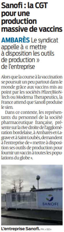 2021 01 16 SO Sanofi la CGT pour une production massive de vaccins