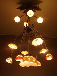 twelvelight_ceiling_lamp__blown_glass__lined__acid_engraved__wrought_iron_mount__Art_Nouveau