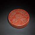 A superbly carved large cinnabar lacquer 'peony' <b>box</b> <b>and</b> <b>cover</b>, Mark <b>and</b> period of Yongle