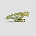 An olive-Green and <b>calcified</b> <b>Jade</b> Praying Mantis pendant, Shang dynasty or later