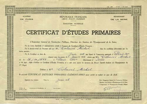 Certificat d'études de Michel Colucci