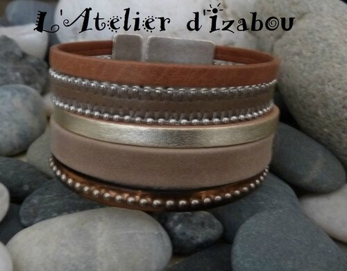 P1180867 Bracelet manchette femme couleur cuir multirangs tons beige, modoré, marron