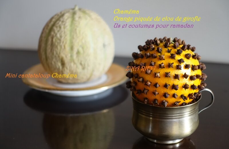 chaméma oranges piquée de clou de girofle et cantaloup mini