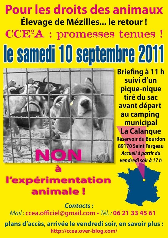 Contre l'élevage de Mézilles, le plus grand fournisseur de chiens de laboratoire, manifestation le 10 septembre 2011, rendez vous à 11 h à Saint-Fargeau.