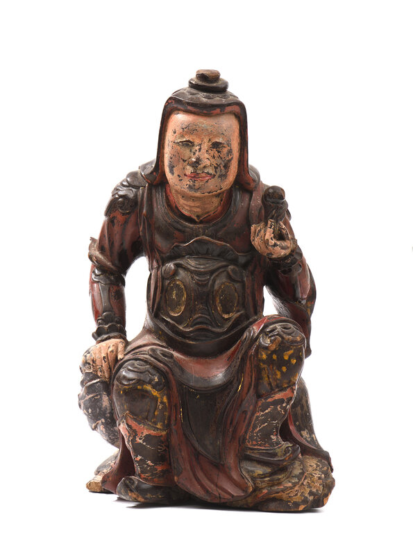 Sculpture en bois laqué représentant un guerrier ou gardien assis sur le dos d’un lion, Vietnam, XIXe siècle
