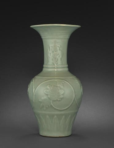 A fine and rare Longquan celadon vase with molded decoration, Yuan dynasty