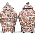 A very large pair of iron-red and underglaze blue jars and covers, first quarter 18th century