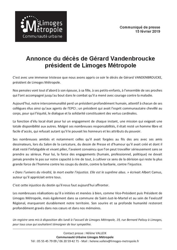 CP Décès de Gérard Vandenbroucke, président de Limoges Métropole (2)