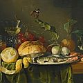 Jan <b>Davidsz</b>. De <b>Heem</b>, A Still Life Of A Glass Of Wine With Grapes, Bread, A Glass Of Beer, A Peeled Lemon, Fruit, Onions...