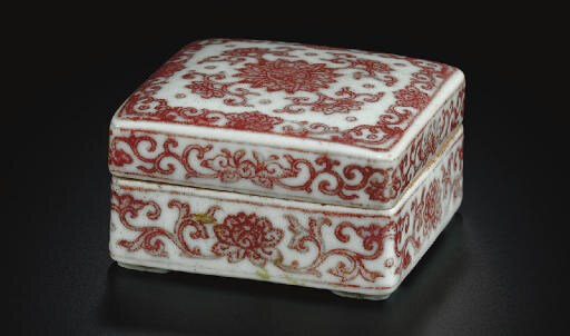 An underglazed red-decorated squzre seal paste box and cover, Qianlong-Jiaqing (1736-1820), 2 3/16 in. (5.6 cm.) square. Estimate USD 3,000 - USD 5,000. Price realised USD 8,125 at Christie’s New York, 19th March 2008, lot 638. © Christie's Images Ltd 2008