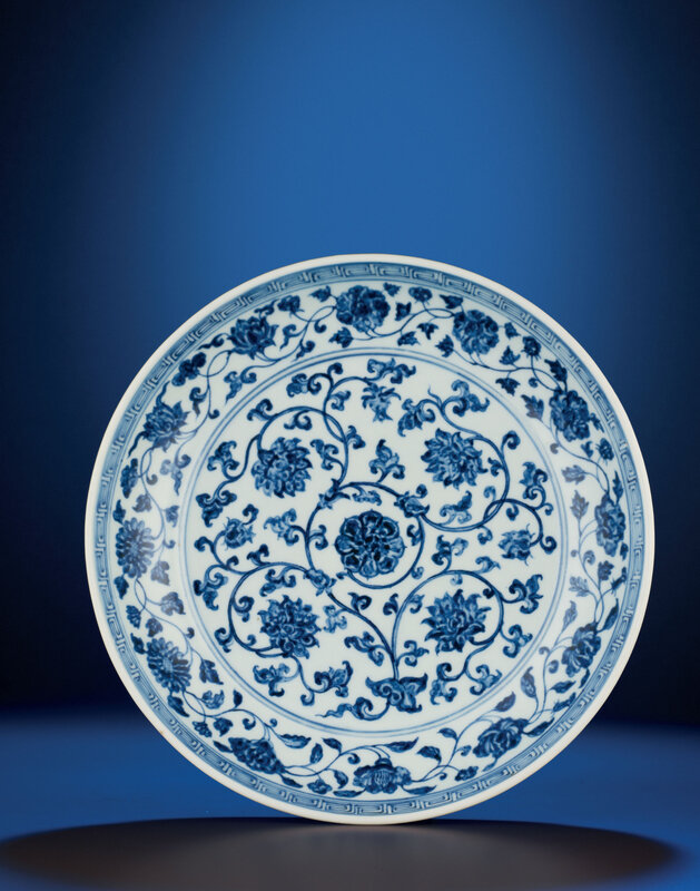 A fine and extremely rare early Ming blue and white dish, Xuande six-character mark in a line and of the period (1426-1435)