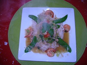 CHOW MEIN AUX LANIERES DE PORC ET AUX CREVETTES recettes plats Porc à la sauce de haricots noirs