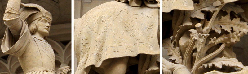Buste du duc, housse du cheval et chardon (clichés commons.wikimedia.org)