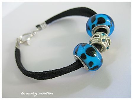 bracelet noir et perles style pandora bleu lcb