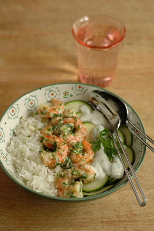 Bol de riz, crevettes ail & coriandre, courgette crue sauce lait de coco-citron-coriandre_2