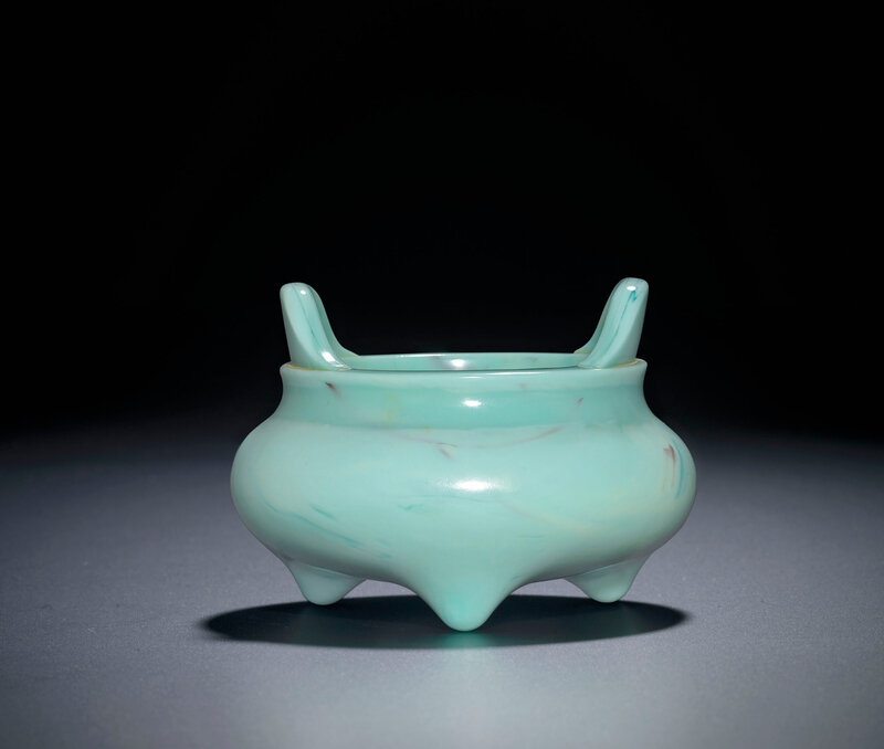 An opaque turquoise glass tripod censer, Qianlong incised four-character mark within double squares and of the period (1736-1795