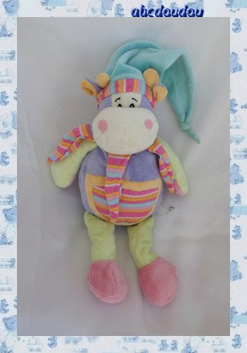 Doudou Peluche Vache Mauve Vert Bonnet Bleu Crédit Agricole