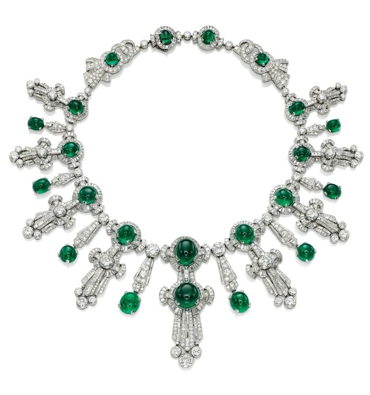 An impressive emerald and diamond fringe necklace